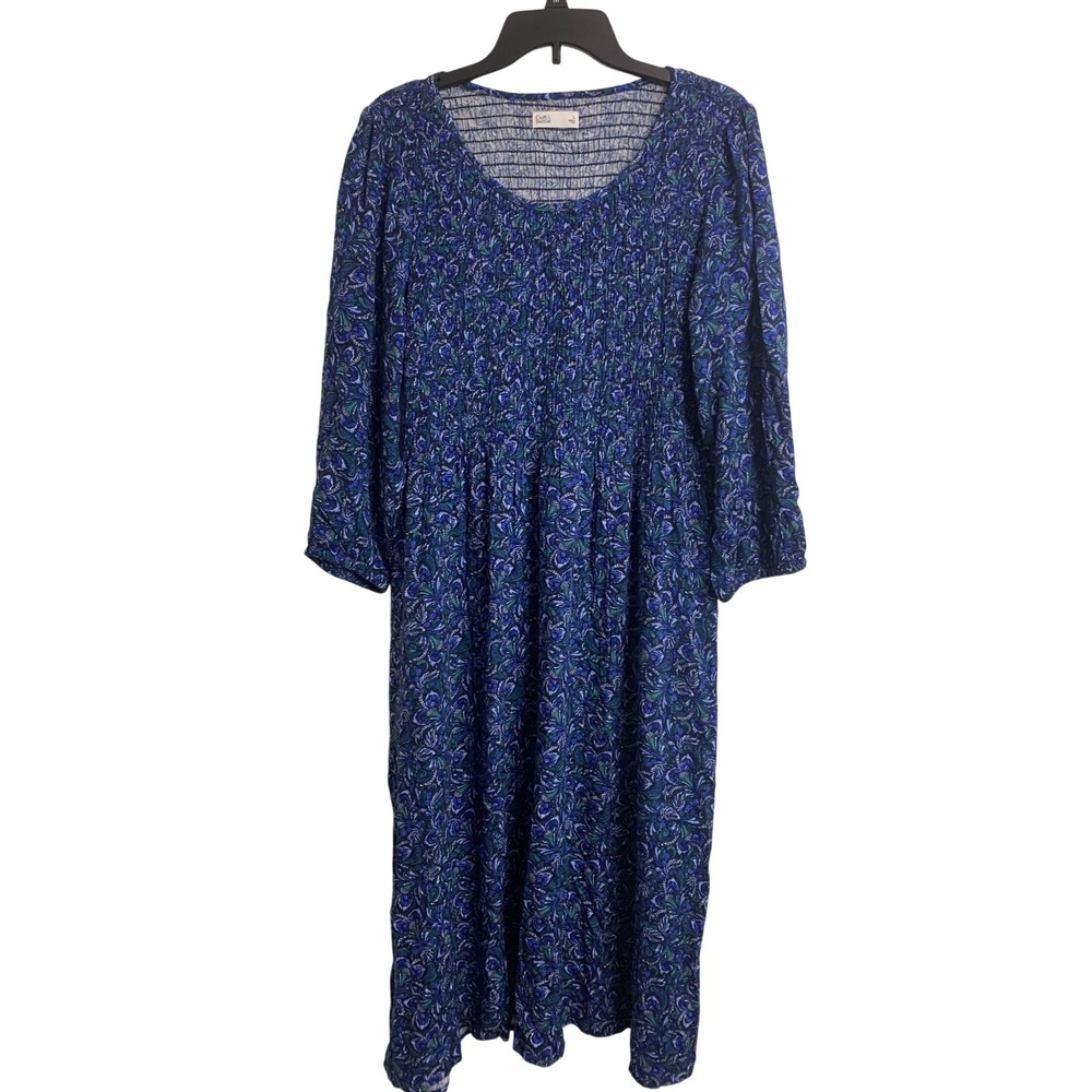 Croft & Barrow Blue Floral Smocked Midi Dress Prairie Cottagecore Coastal Large